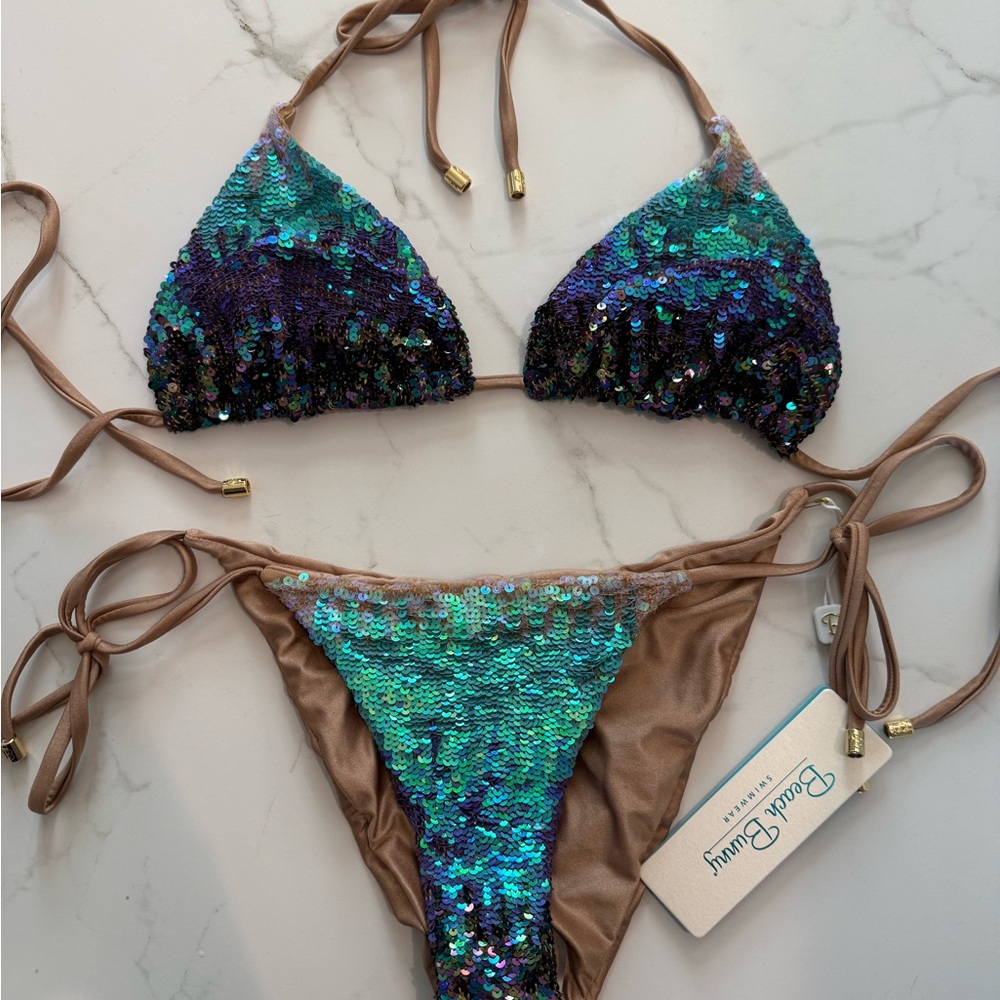 Beach Bunny Iridescent Teal & Purple Sequin Triangle Bikini